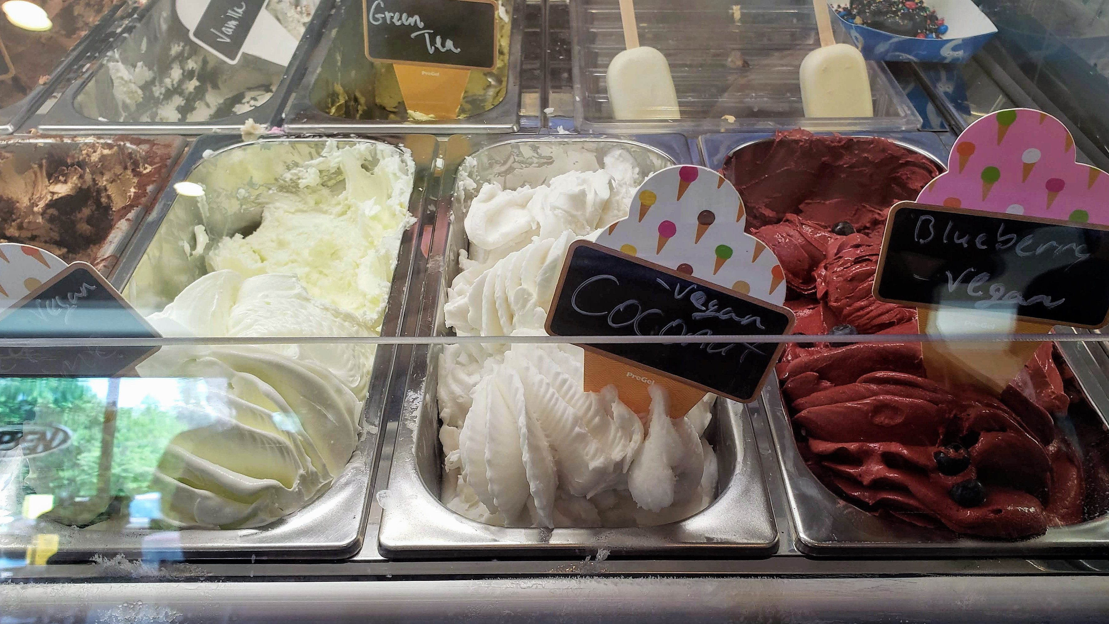 Vegan gelato flavors including Green Tea, Vegan Coconut, and Blueberry Vegan