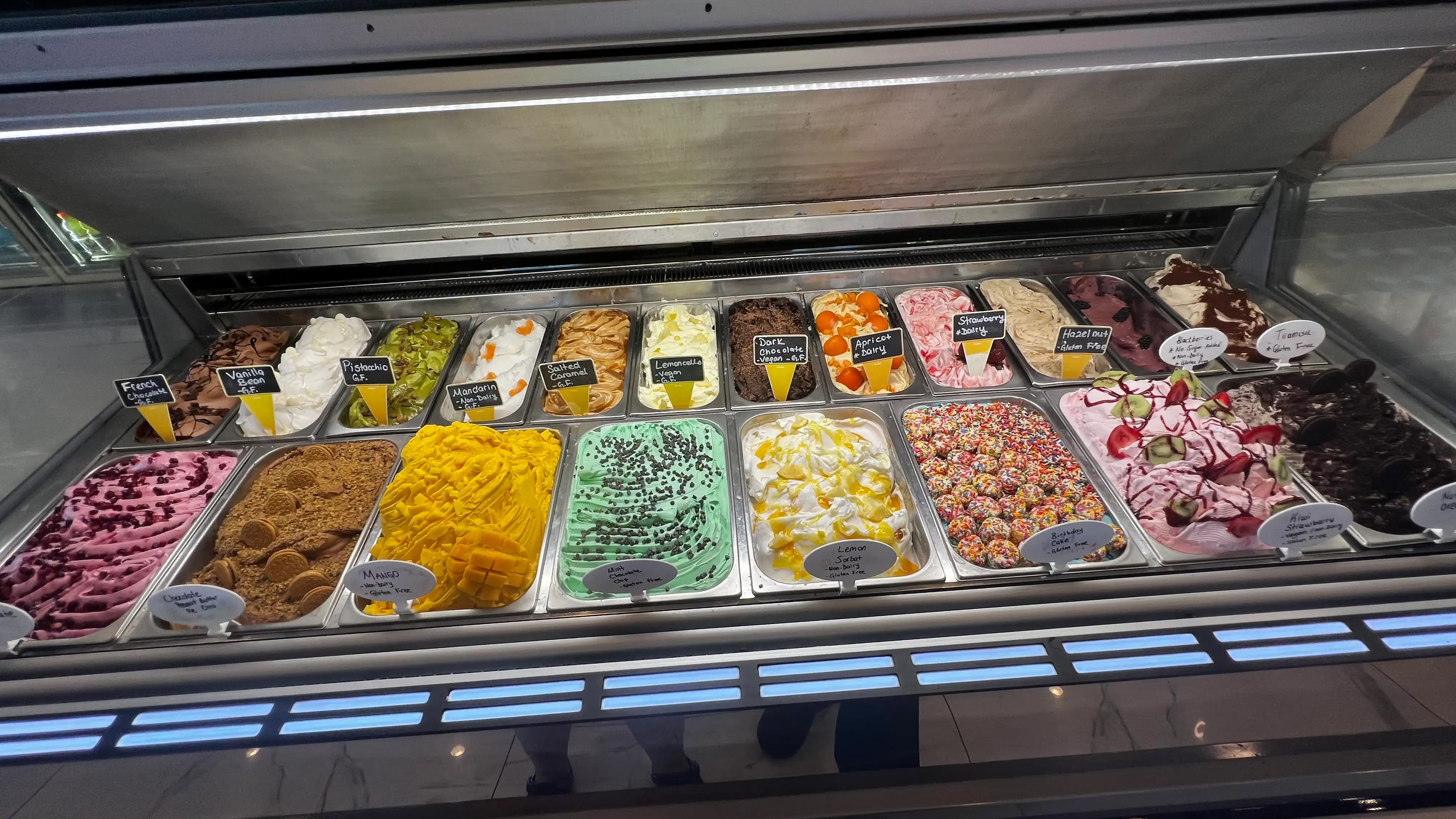 Full gelato display case with more than 20 artisan flavors